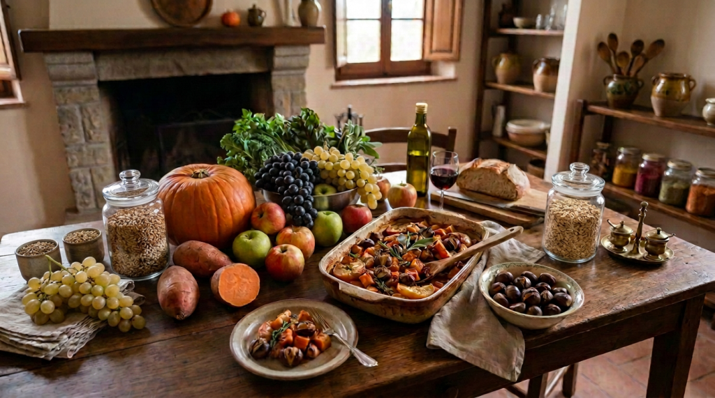 Autumn harvest table with roasted vegetables, pumpkin, apples, bread, and wine