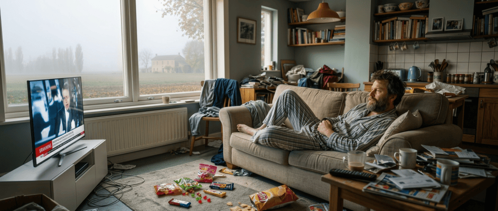 Man sitting at kitchen table, covering his mouth while looking through rainy window