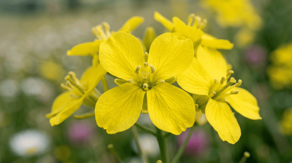 Yellow wildflowers blooming in a meadow with rolling countryside in background